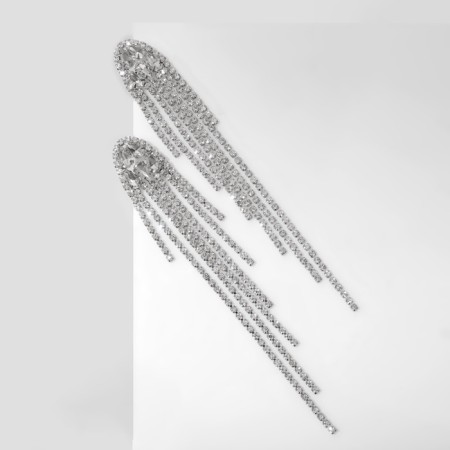 Hanging earrings with Hollywood rhinestones on crystals, white color in silver, 15 cm-3