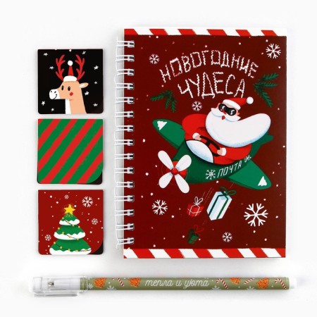 Gift New Year's Set "New Year's Miracles": a notebook on a spiral A6, 40 sheets, magnetic bookmarks 3 pcs and a plastic pen.-1