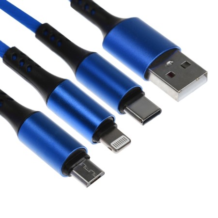 Cable keychain 3 in 1, microUSB/type -c/lightning - usb, 2.4 a, blue