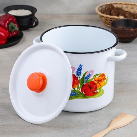 Cylindrical pan “Tulip May”, 5.5 l, with a button, induction, color white-1