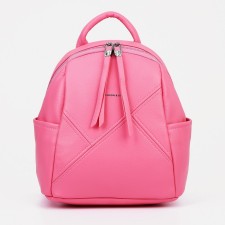 A backpack with a zipper, 3 outer pockets, pink color