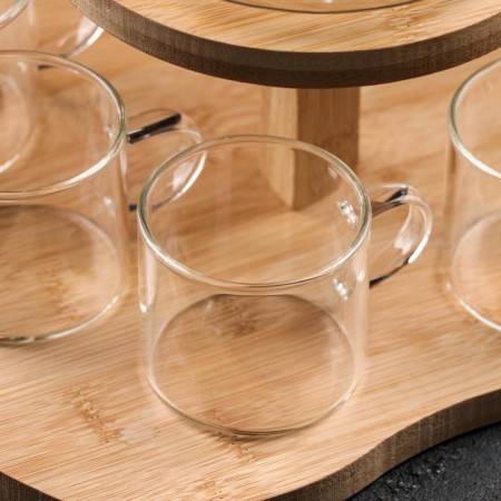 Glass Tea Set on an Eco wooden stand, 7 items: kettle 1.1 liters, 5 mugs 120 ml, stand-1