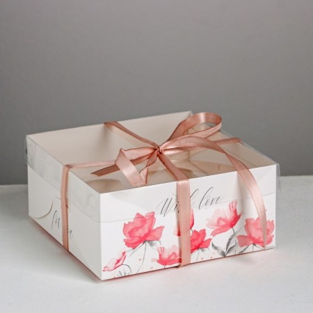 Capcake box, confectionery packaging, 4 cells “For You With Love”, 16 x 16 x 7.5 cm