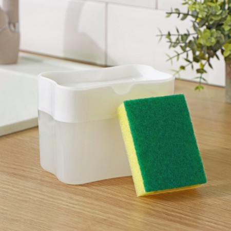 A dispenser for a detergent with a stand for a lobby of a share, a sponge included, 385 ml, white color-2