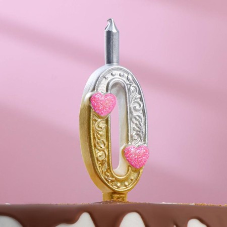Candle for Cake "Hearts" silver-gold, 10.2 cm, number "0"