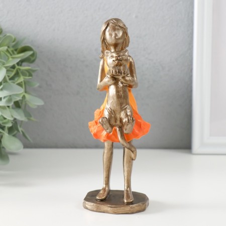Souvenir Polystone "Baby in an orange dress with a cat" Bronze 7.5x6x16 cm-3