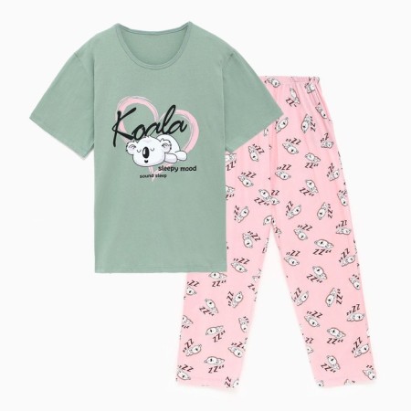 Female home set (T -shirt/pants) "Koala", green/pink color, size 62