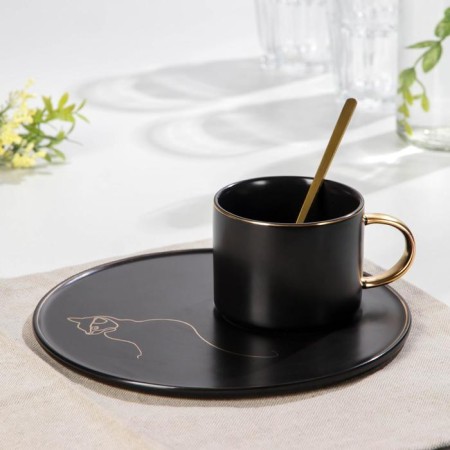 Tea couple ceramic with a spoon "Silhouette", 2 items: 260 ml mug, plate d = 19.6 cm, MIX drawing