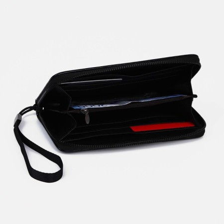 Male purse with zipper, department for bills, for maps, for coins, black color-2