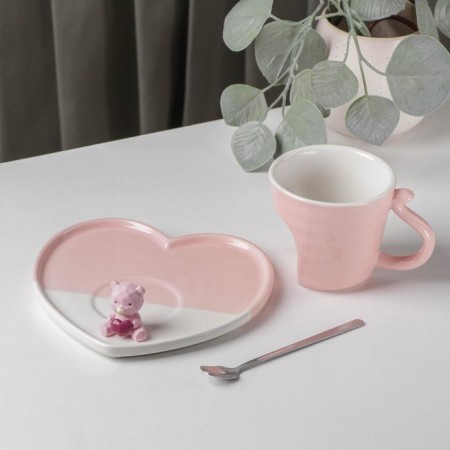 Coffee pair of ceramic “Heart Bear”, 3 objects: mug 200 ml, saucer 15.5 × 15 × 8 cm, spoon, pink color-1