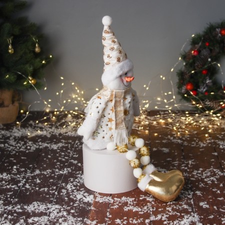 Soft toy "Snowman in a suit with stars and in a cap" 46x19 cm, golden-white-1