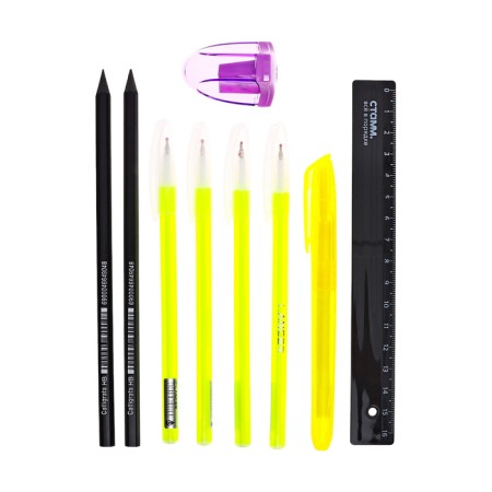 Cleaning set 10 objects (pencil case 65 x 210 mm, pens 4 pieces Blue, ruler 15 cm, sharpener, pencil 2 pieces, textbook), gray-10