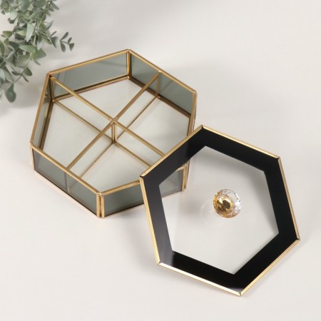 Casket glass with a metal frame "hexagon" transparent black 17.5x20x8 cm-2