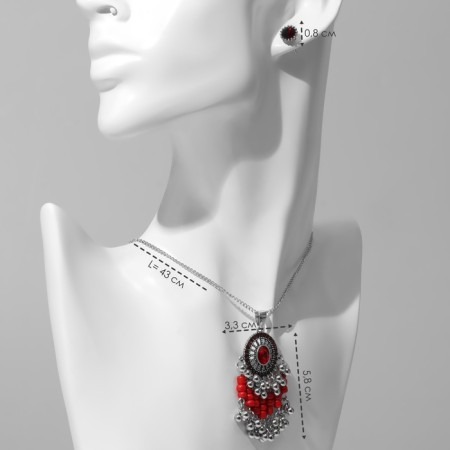 Set 2 objects: earrings, pendant "solo" oval, red color in black silver, 48 cm-1