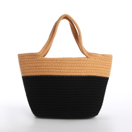 Female wicker bag without fastening, black/beige color