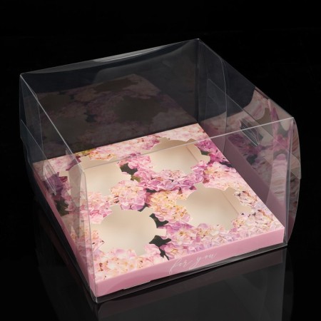 Capcake box, confectionery packaging, 4 cells, "hydrangeas", gold, 16 x 16 x 11.5 cm