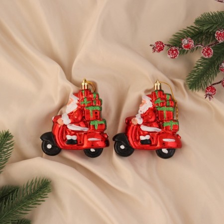 Christmas tree decoration "Santa Claus on the motika" (set 2 pcs) 10x9.5 cm, red