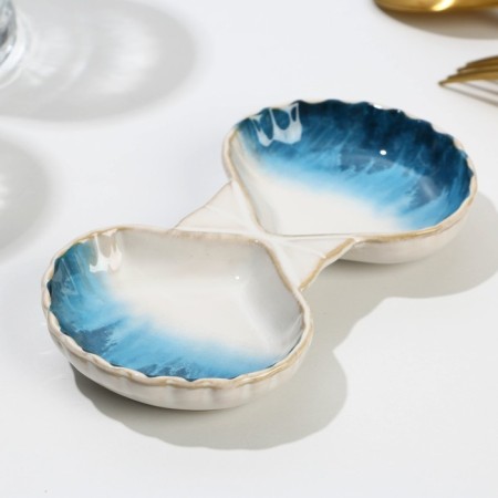 Ceramic “sea shell” saucer, 8.5 x 15 cm., White-blue color-1