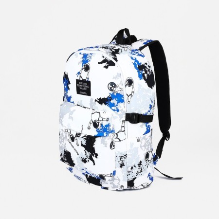 School backpack from textiles, 3 pockets, white/blue color
