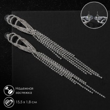 Hanging earrings with Hollywood rhinestones drops with threads, white color in silver, 15.5 cm