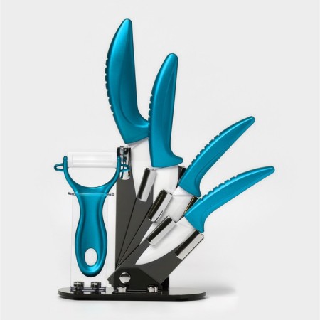 Kitchen kit on the stand “bend”, 5 items: 4 knife, 7.5 cm, 10 cm, 13 cm, 15 cm, vegetable facial, blue color-1