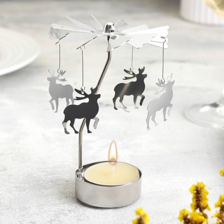 Candle rotating "carousel with deer", silver, metal