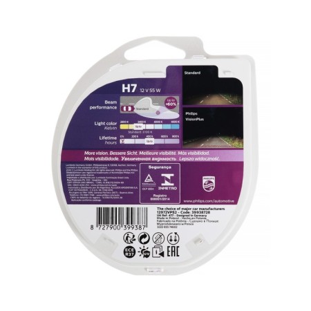 Car lamp Philips, Vision Plus +60%, H7, 12 V, 55 W, set 2 pcs, 12972VPS2-3