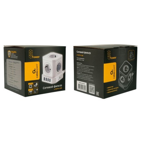 Network filter Cablexpert Twr-5-U4-W-2, 5P, 10A, 4XUSB, 3.1A, 2M, Ur. Protection 4+, White, 1030905-3