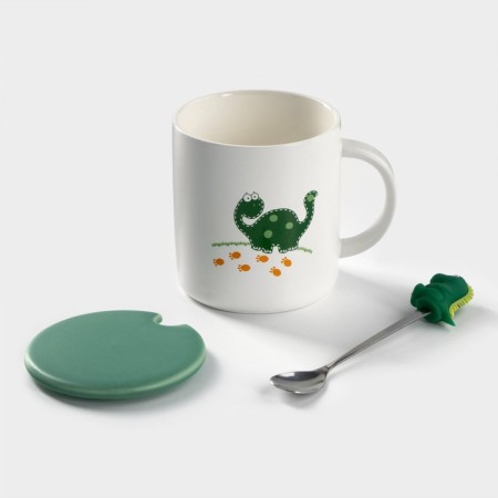 Ceramic mug with a lid and a spoon "Dino", 320 ml, Mix drawing-1