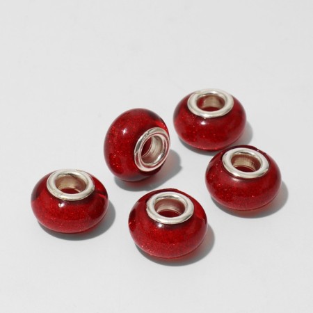 Bead, "glitter", red color in silver