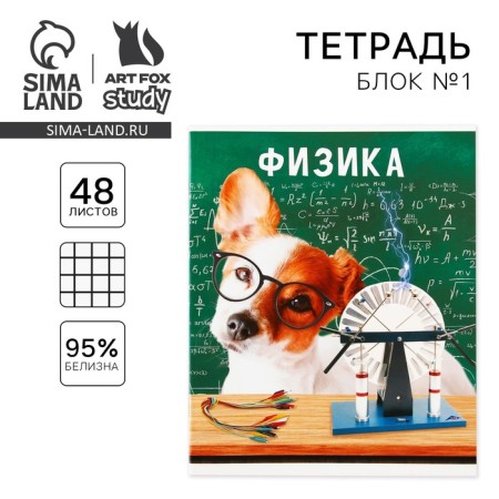 An objective notebook 48 sheets, A5, cute pets, with reference materials “September 1: Physics”, cover coated cardboard 230 gr., Inner block in a cage 80 gr., Sweet of 96%, block No. 1.