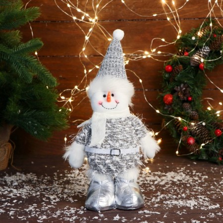 Soft toy "Snowman in the cap and scarf" 16x30 cm, white-gray
