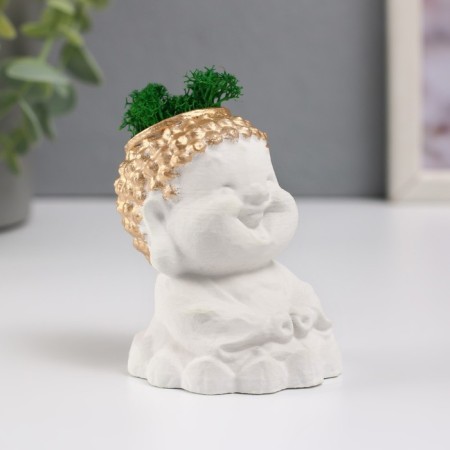 Concrete Kashpo "Buddha" 5.5x6.5x7 cm white with gold with moss (moss green stabilized)-1