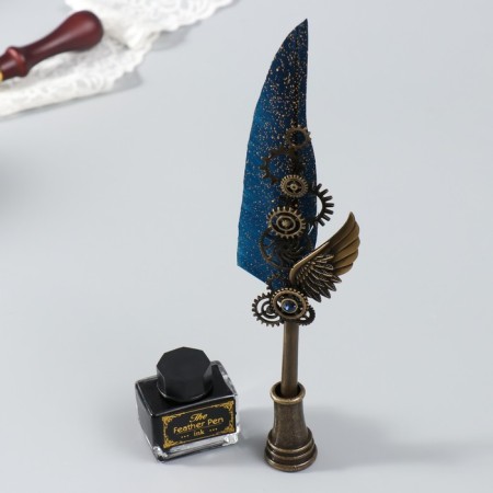 Feature handle set with interchangeable feathers+stand+ink "mechanisms" 26x12x4 cm-3