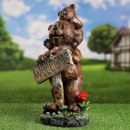 Garden figure "Bear with a tablet - WelCome" 46cm-1