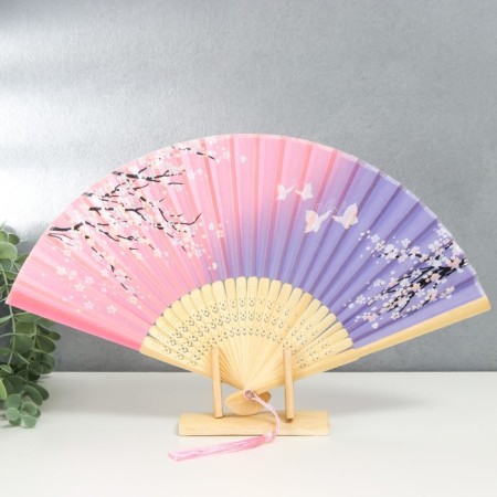 Fan bamboo, textile h = 21 cm "butterflies in sakura" lilac-pink, with a brush