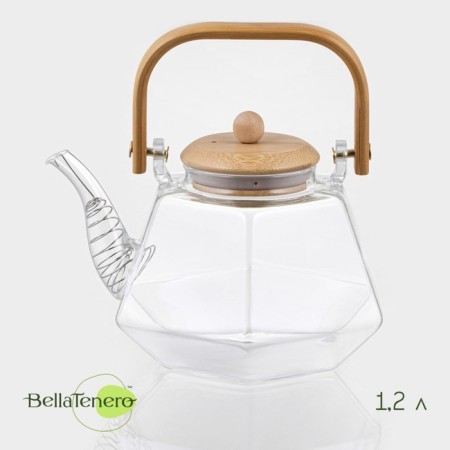 Glass teapot with a bamboo lid and a metal filter Bellatenero Oktogon, 1.2 liters