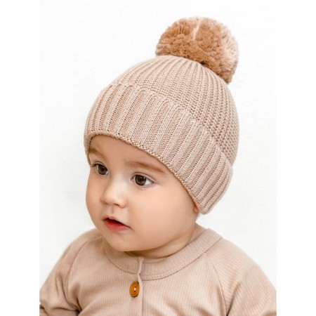 A cap with a lapel and a pompom Children's Amarobaby Pure Love Muffin, size 40-42 cm, beige color-3