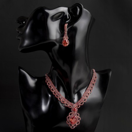 Set 2 objects: earrings, necklace "Phoenix" drop in rhinestones, red color in silver, 35 cm