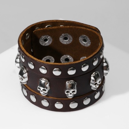 Bracelet Leather "Skull" dots, brown color with silver, 23 cm-1