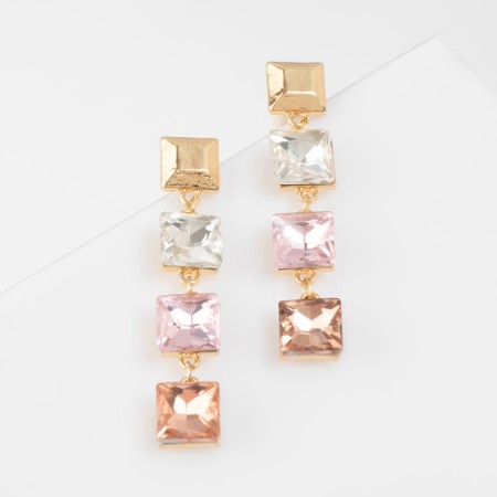 Earrings with “Bloom” rhinestones, light, colored squares in gold-1