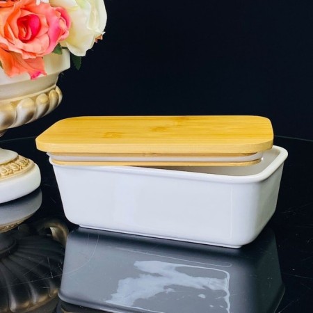 Lenardi baking dish, rectangular, bamboo cover, porcelain, length 19 cm