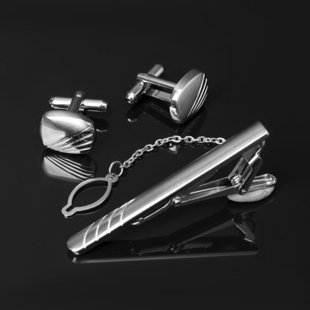 Set of male "cufflink + tie clip" line, silver color-2