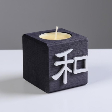 Candle in a wooden candlestick "Cube, hieroglyphs. Harmony", Eben, Mango aroma