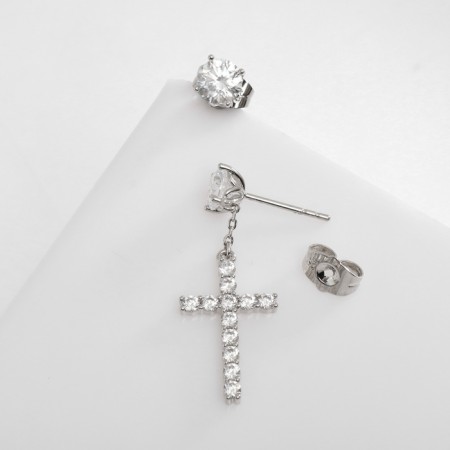 Earrings with rhinestones Xuping Cross Greatness, white color in silver-1