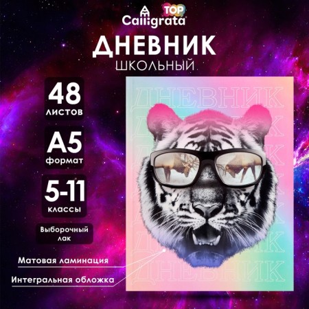 Diary for grades 5-11, "Tiger with glasses", integral (flexible) cover, matte lamination, selective varnish, 48 sheets