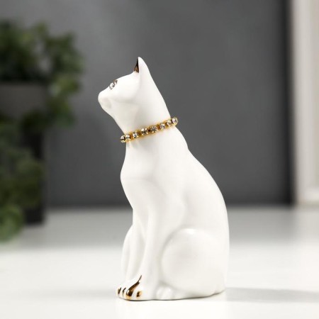 Souvenir ceramics "White cat with a necklace" with gold, rhinestones 9.5 cm-2