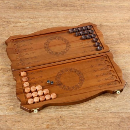 Carved backgammon "Hunters on a halt", a board from an array of Buk, Patina, 56 x 58 cm-1