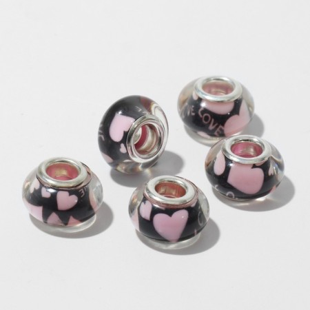 Bead "hearts", black-pink color in silver-1