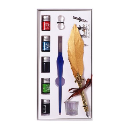 Calligraphy set, feathers and glass pen, ink, stand, feathers 5 pcs, inkwell-1